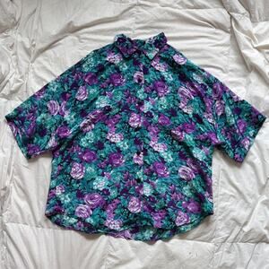Joanna Vintage 80s floral satin button up shirt sz XL cottagecore romantic